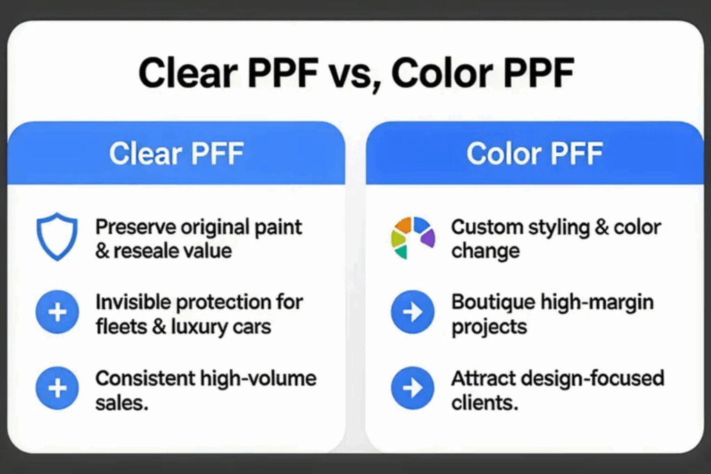 Infographic comparing use-cases of clear PPF and color PPF for installers | Dupotop Films