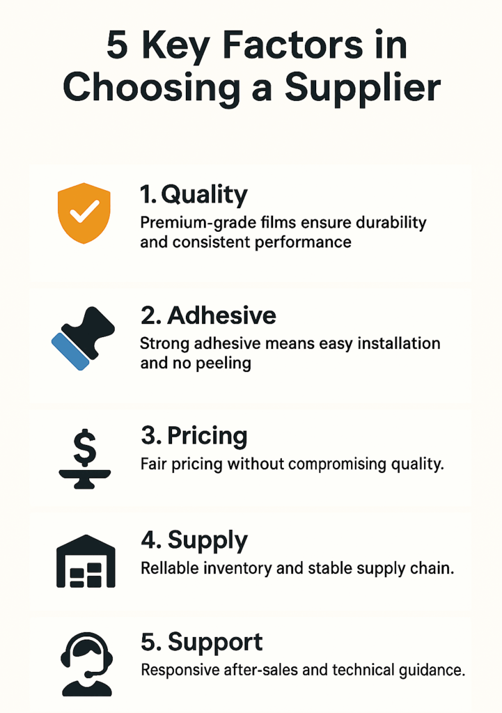 Infographic showing 5 key factors for selecting a wholesale window film supplier | Dupotop Films