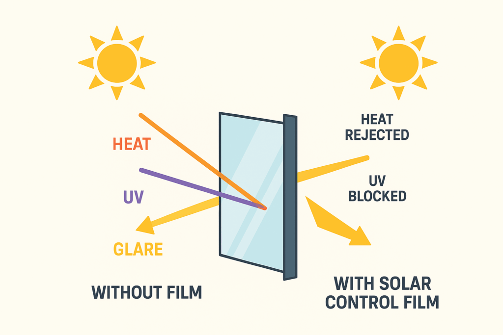 Diagram showing how solar control window film reduces heat and UV rays compared to untreated glass | Dupotop Films