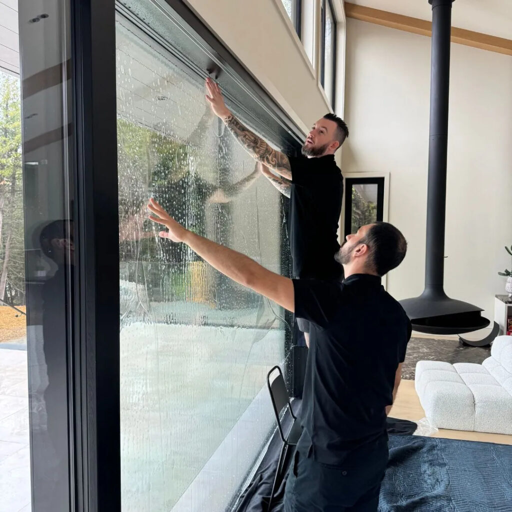 Professional installer applying solar control window film on a building glass window | Dupotop Films