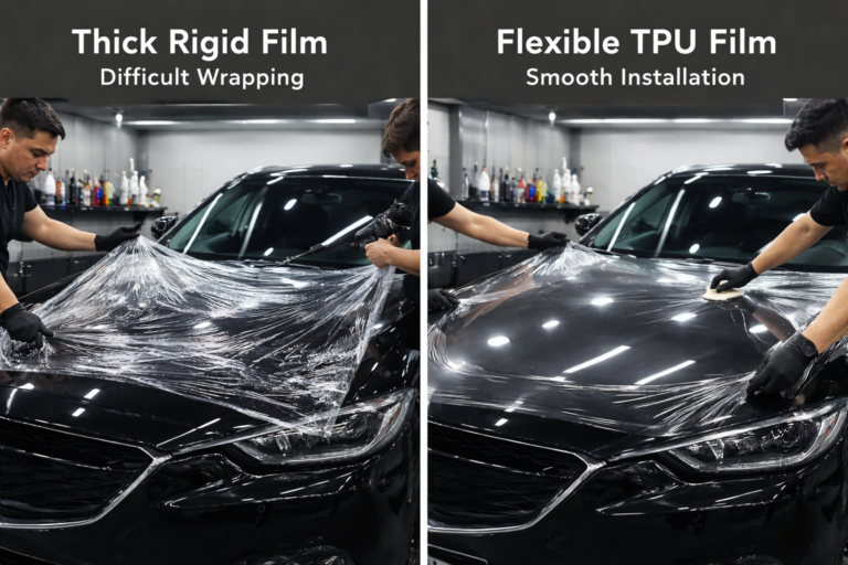 Comparison of thick PPF and flexible PPF during car installation process