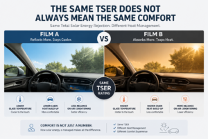 Comparison of two window films with identical TSER values but different heat management mechanisms