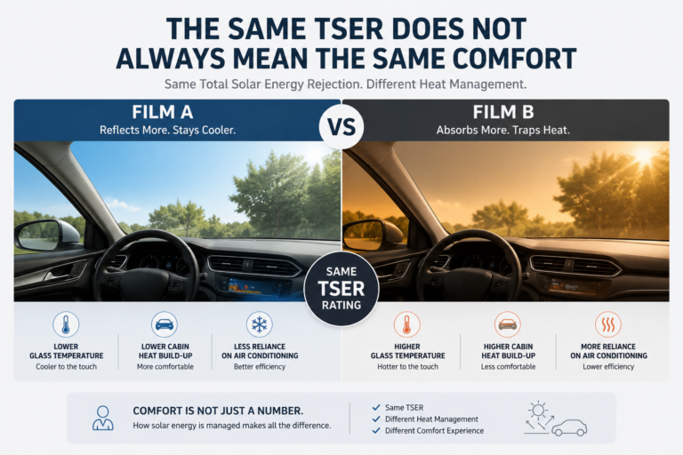 Comparison of two window films with identical TSER values but different heat management mechanisms