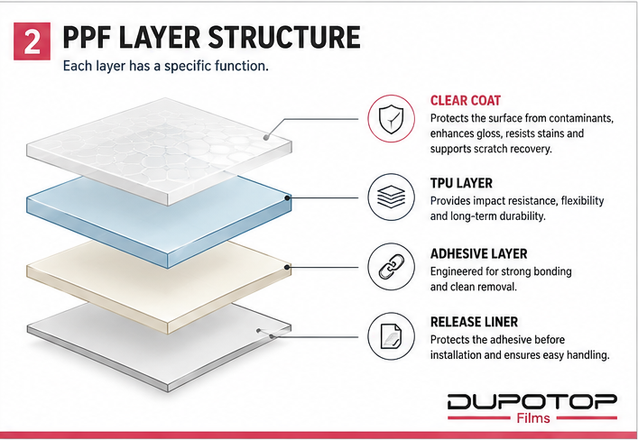 Cross-sectional diagram of paint protection film showing the clear coat, TPU layer, adhesive, and release liner