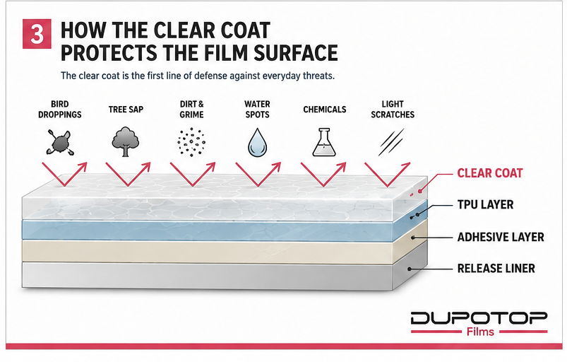 A modern paint protection film is a multi-layer system, with each layer engineered to perform a specific function—from surface protection to impact absorption and secure adhesion.