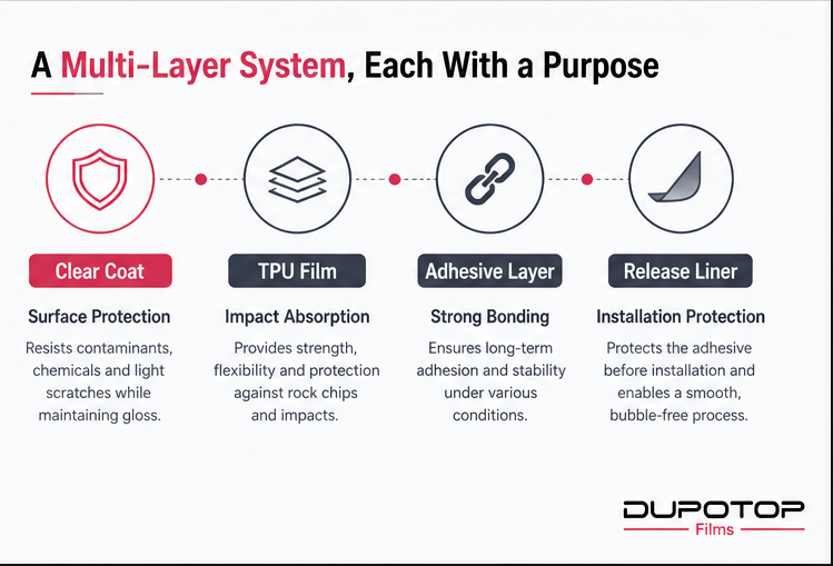 Infographic showing the functional layers of paint protection film, including the clear coat, TPU, adhesive, and release liner