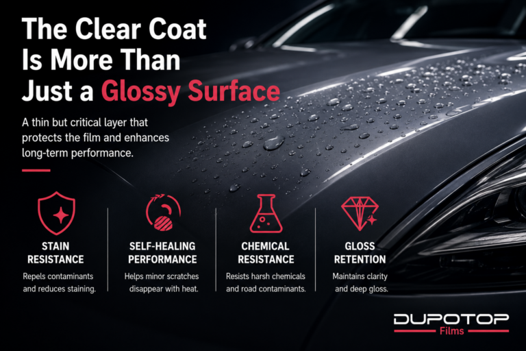 Paint protection film clear coat protecting a glossy car surface with water resistance and long-term durability