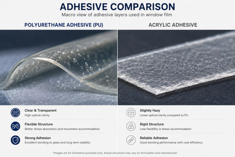 Microscopic view of polyurethane vs acrylic adhesive layers in window film.