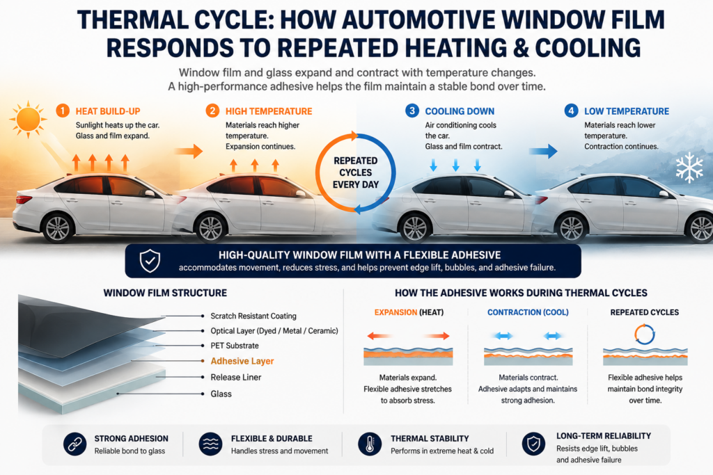 Diagram showing how automotive window film responds to repeated heating and cooling cycles.