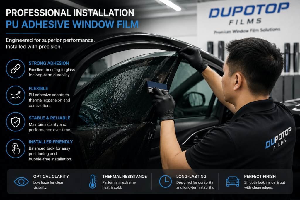 Professional installer applying automotive window film with PU adhesive to car glass.